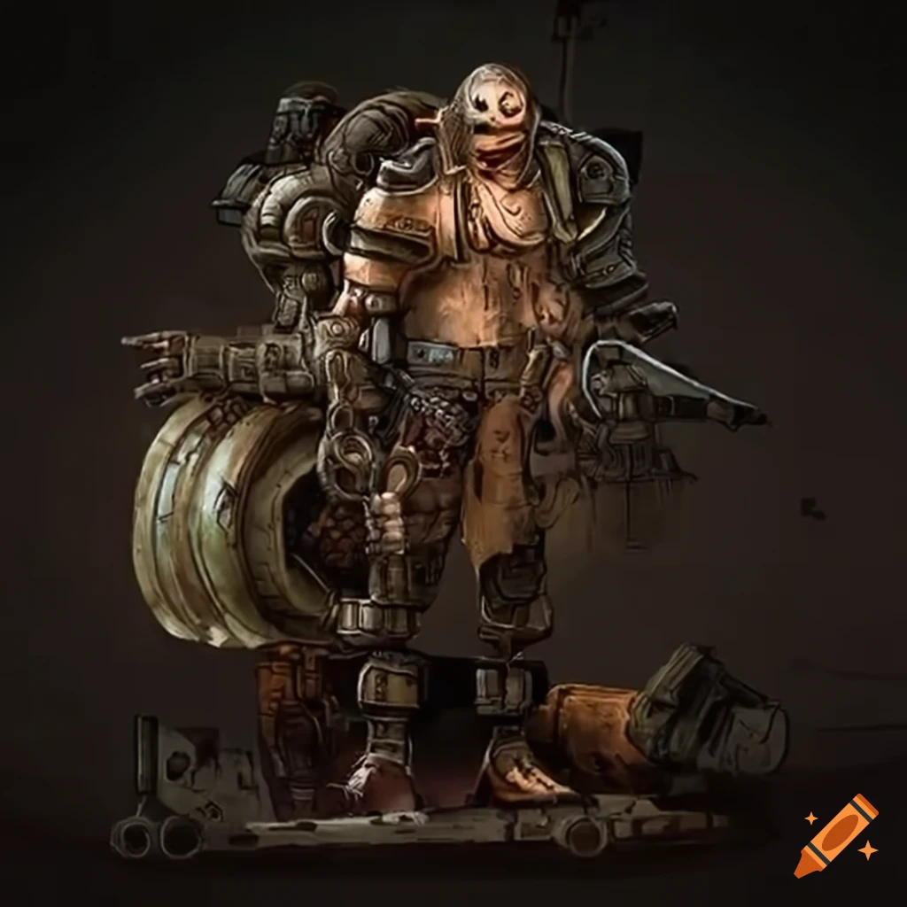 image of a tribal cyborg warrior in dieselpunk style