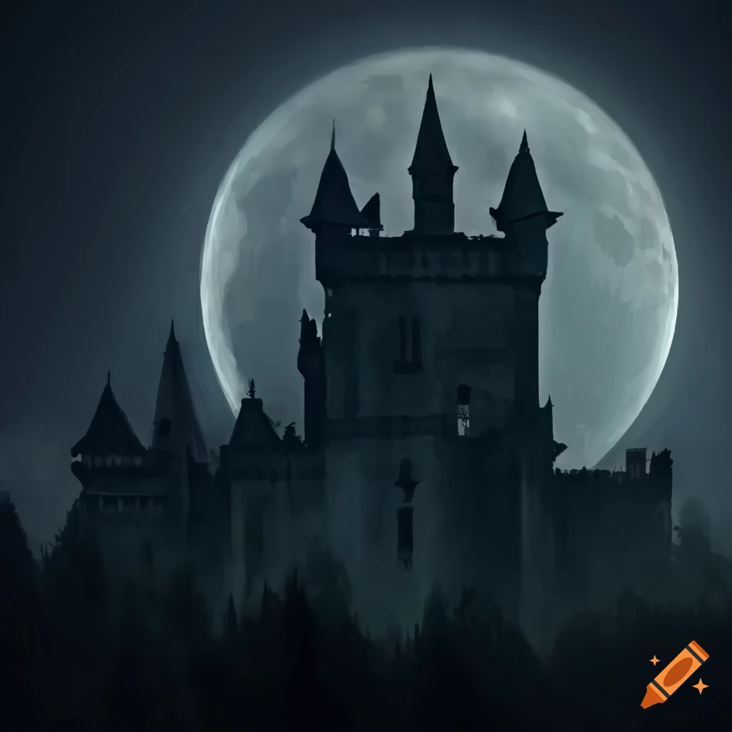 view of a castle in a dark forest with bats flying out