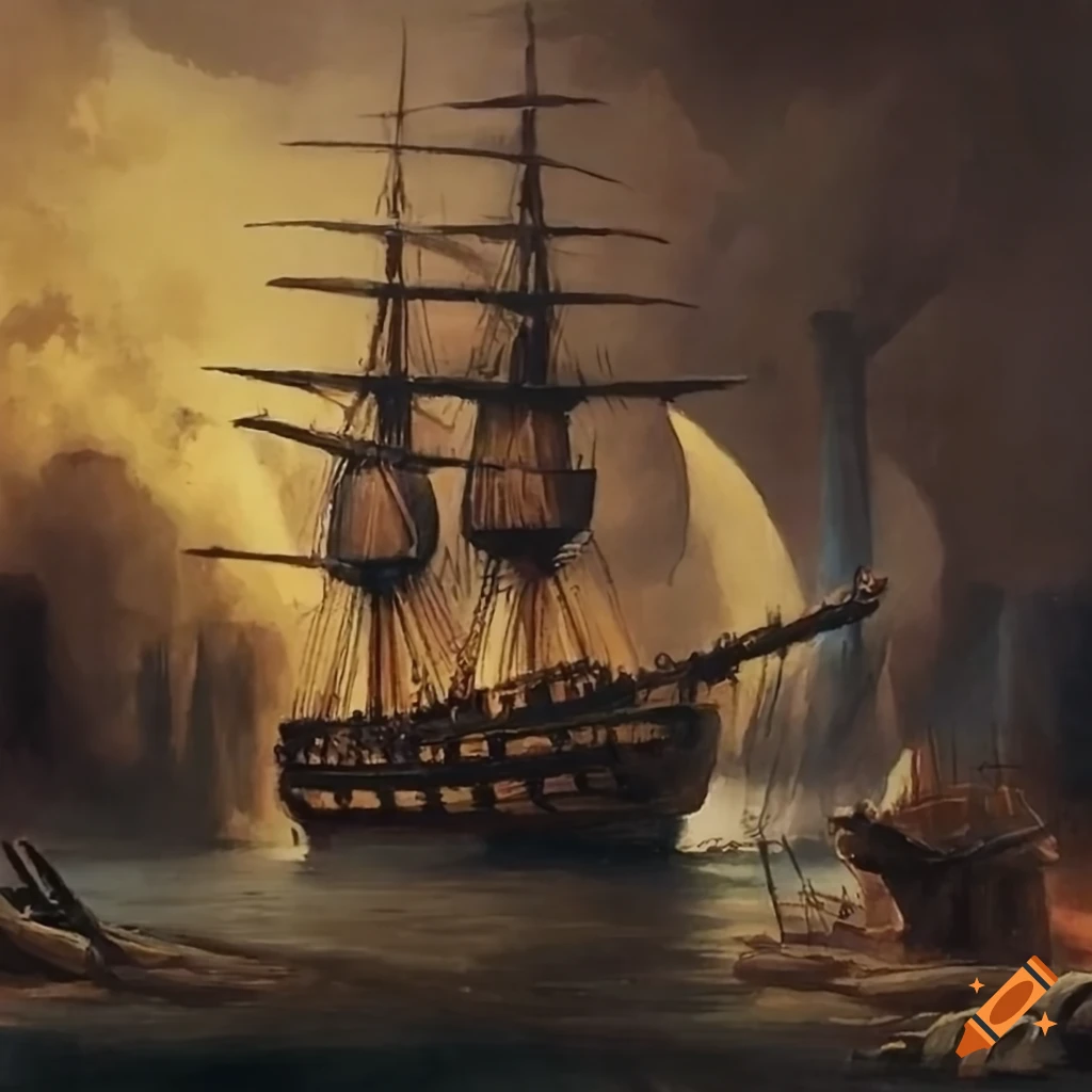 painting of a naval battle with firing cannons
