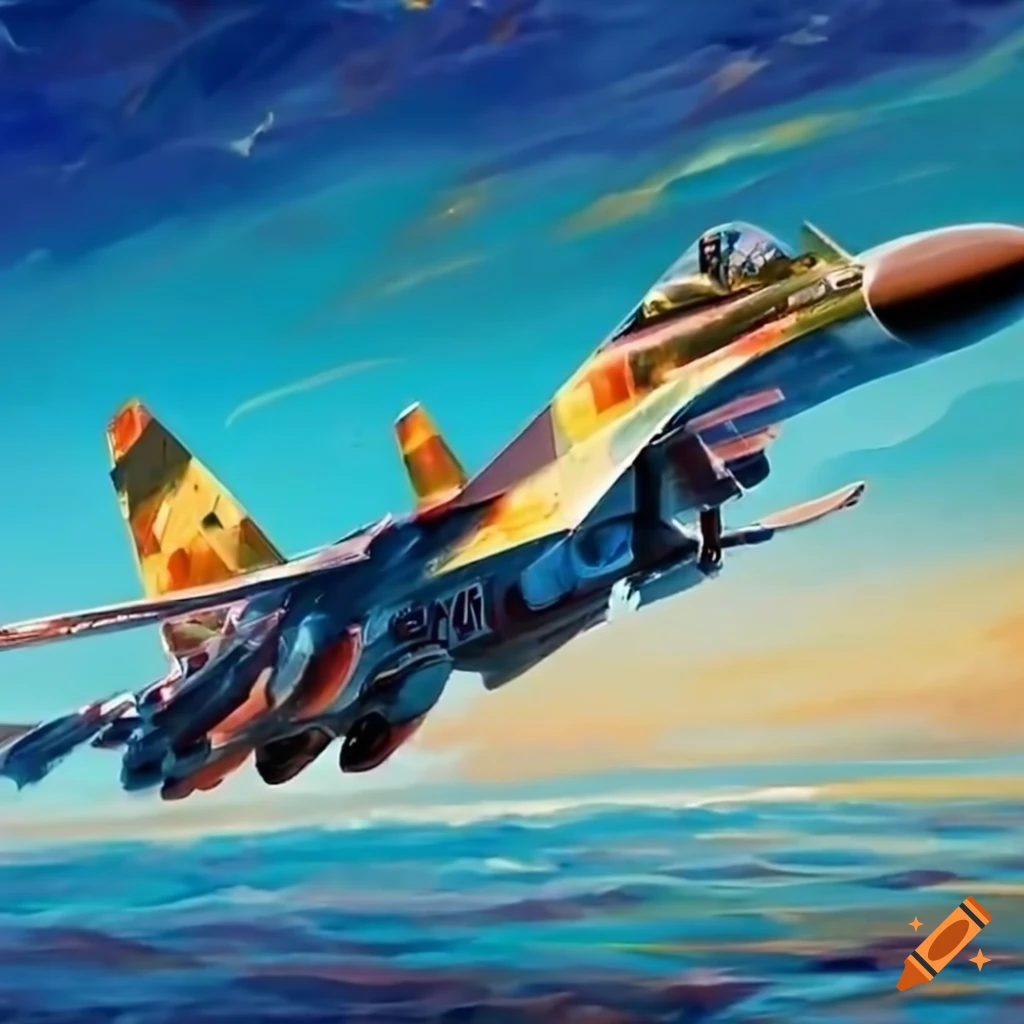 Russian Su-35 fighter jet flying over the ocean