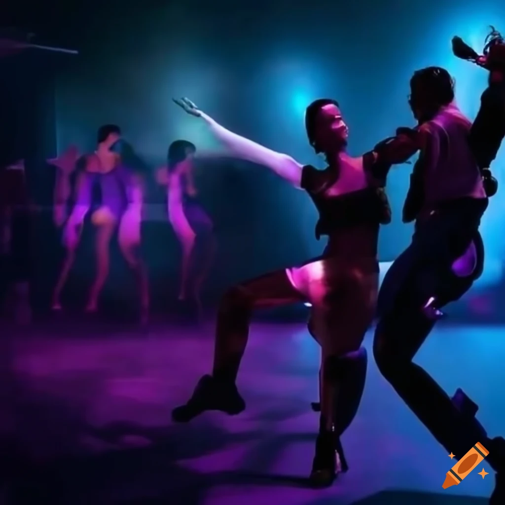 vibrant nightclub with energetic dancers and futuristic robots