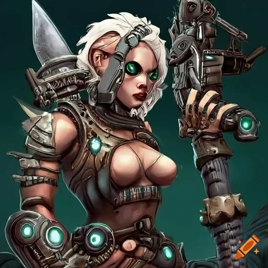 image of a tribal cyborg warrior with a skull-mark dagger next to a hoverjeep