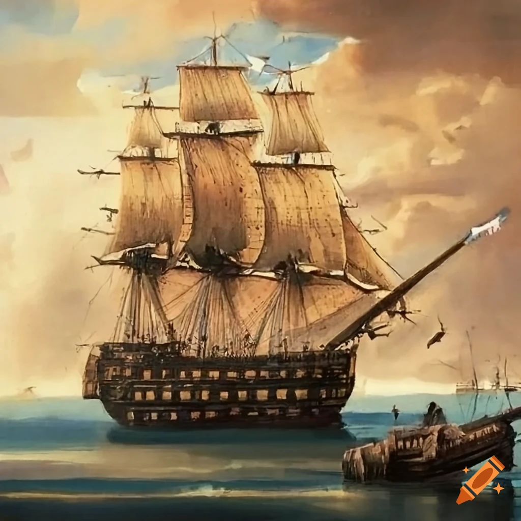 painting of a naval battle with firing cannons