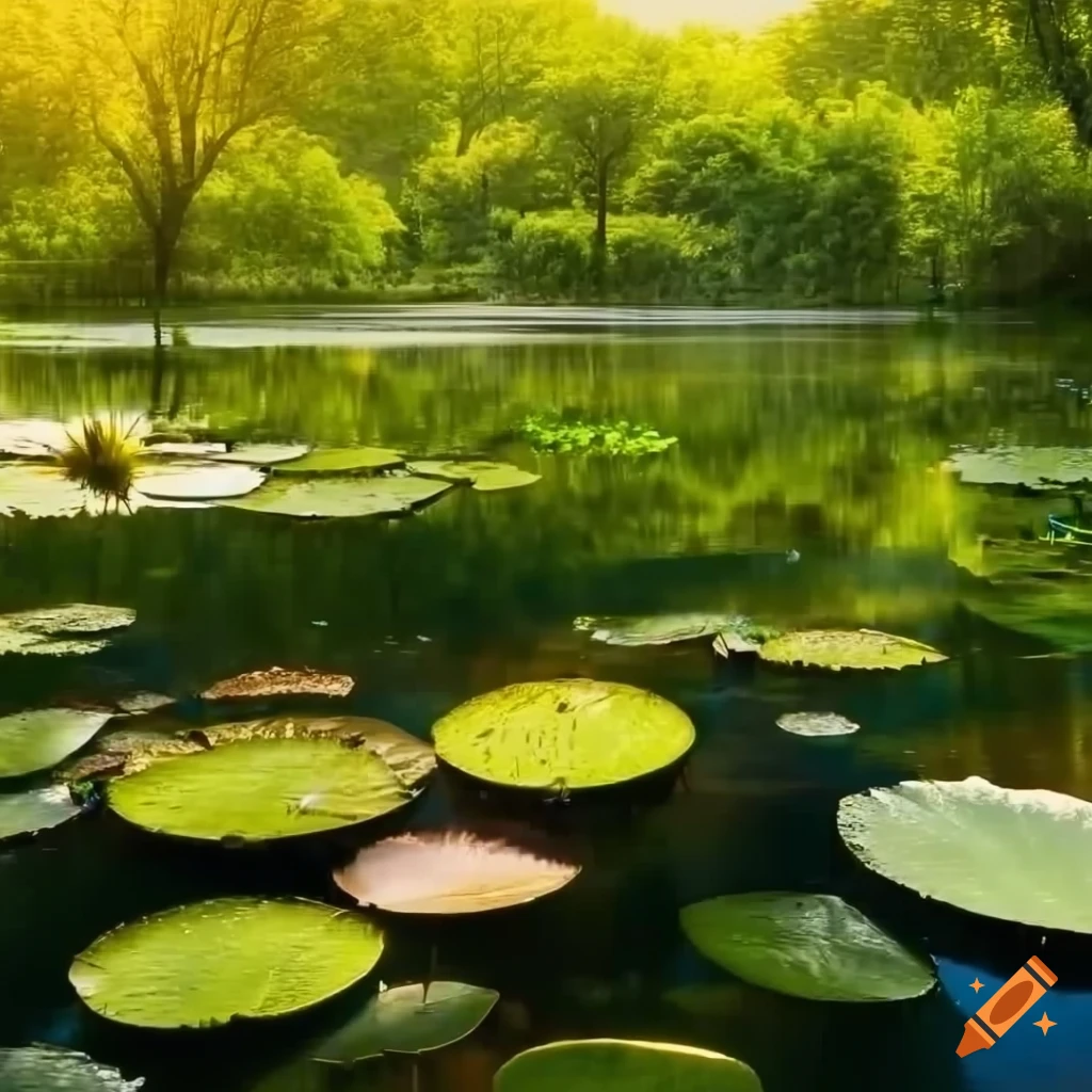 photorealistic pond in a serene glade at sunset