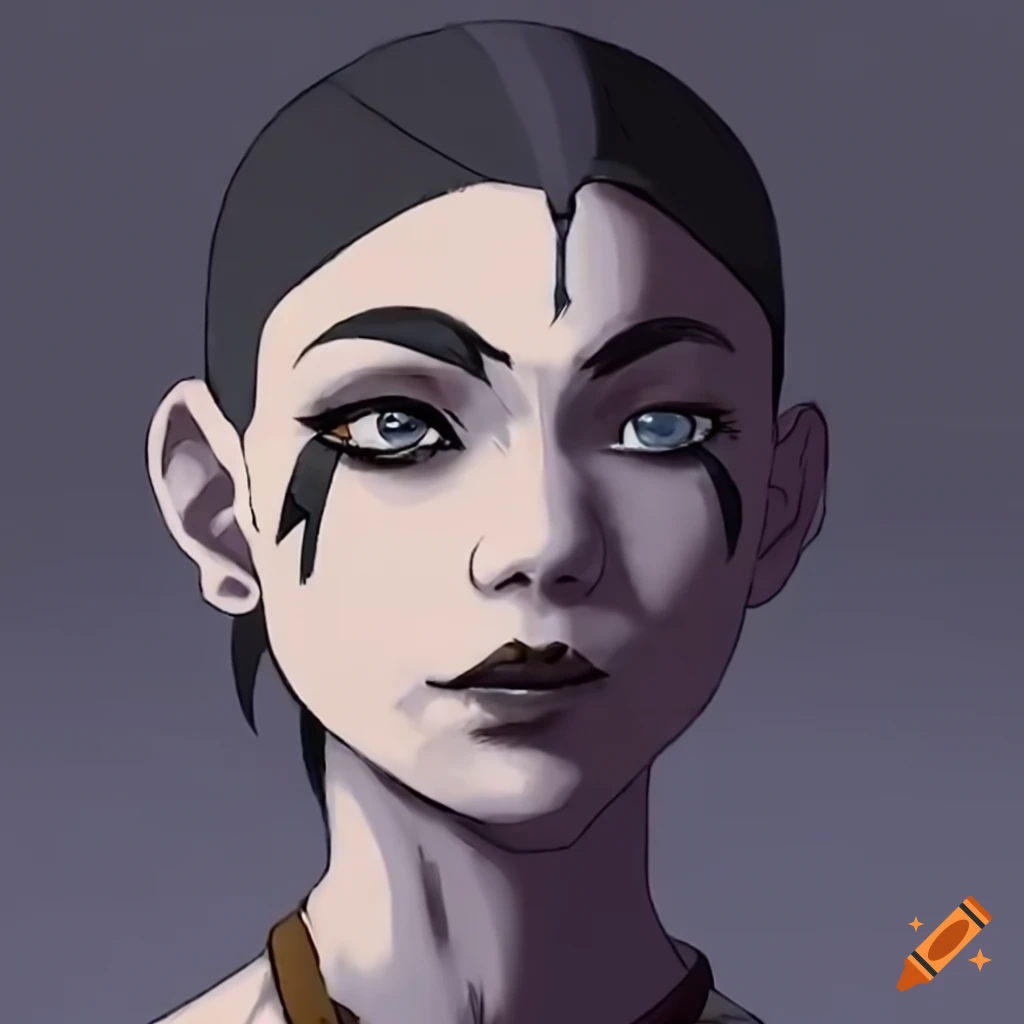 character design of a white-skinned airbender girl with heavy eye makeup