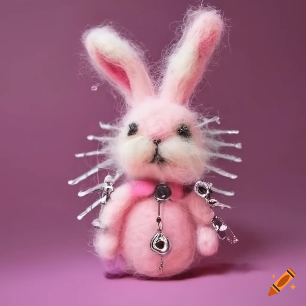 handmade pink bunny with felted wool spikes and chains