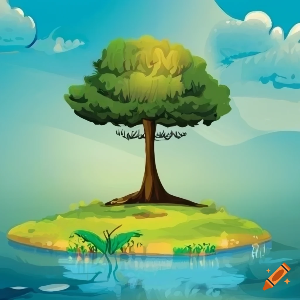illustration of a tree near a pond