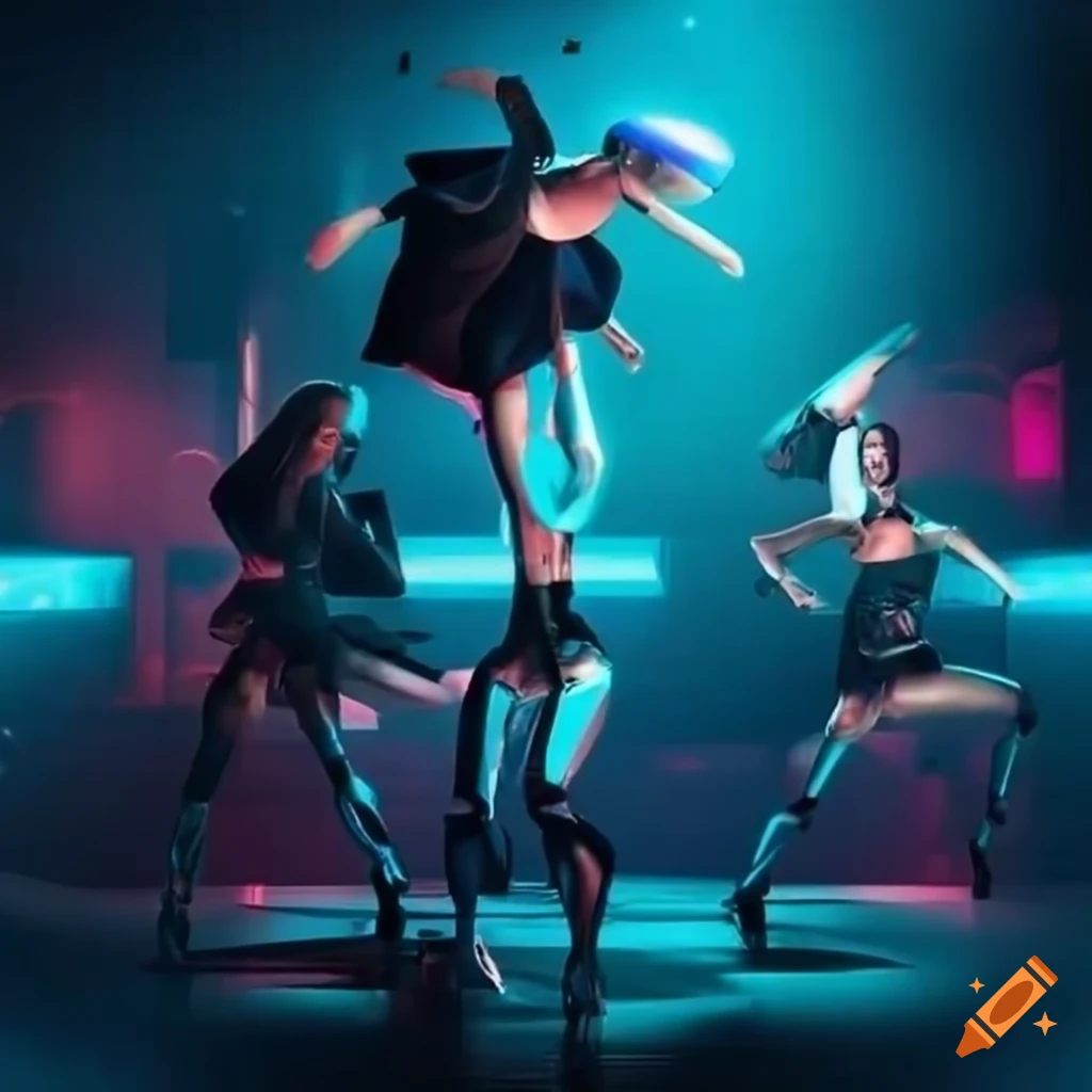 vibrant nightclub with energetic dancers and futuristic robots