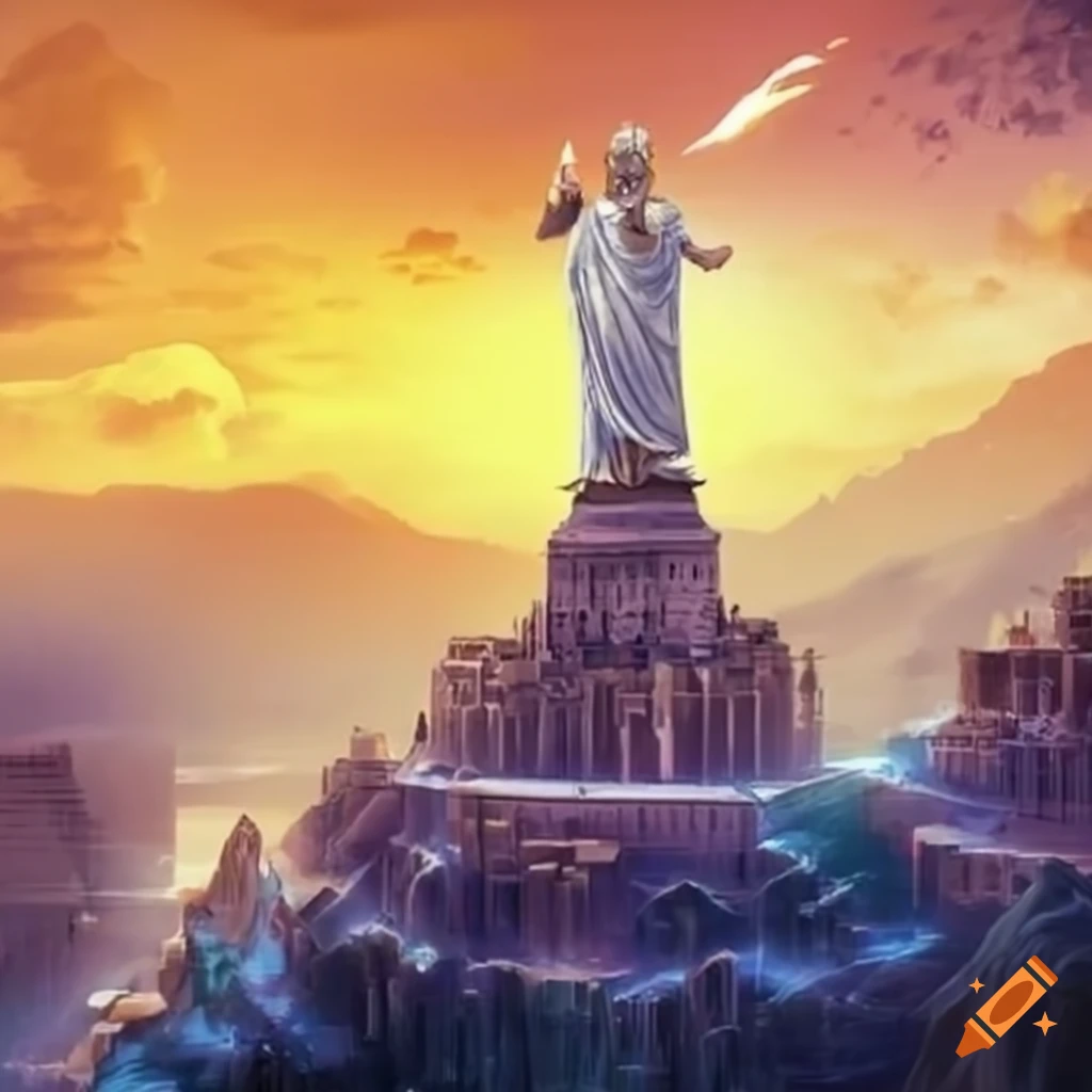 image of the city of Olympus with a standing god