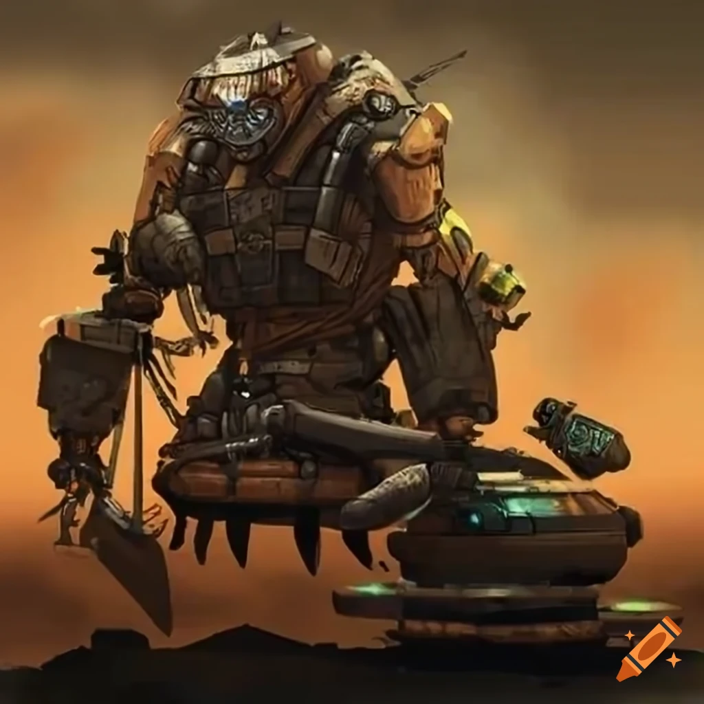 image of a tribal cyborg warrior in dieselpunk style