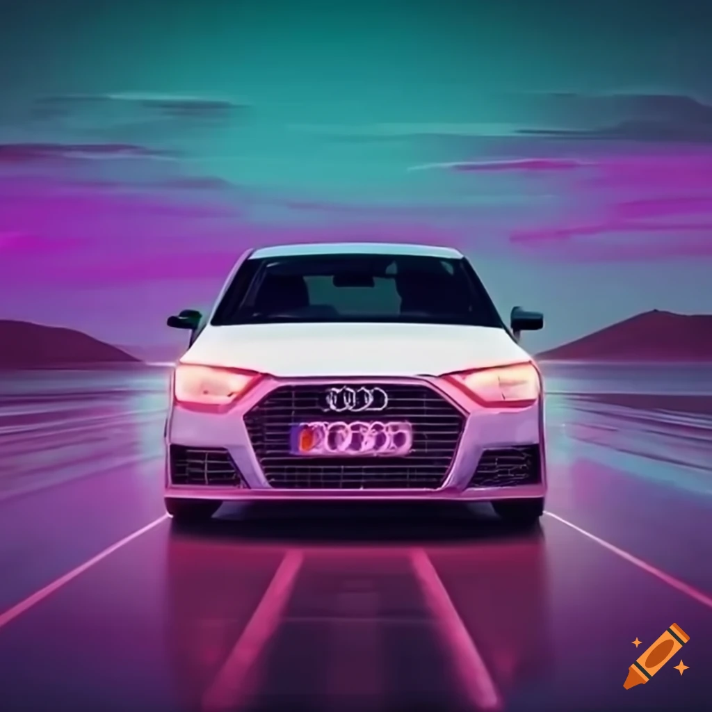 white Audi A1 speeding on a neon-lit highway
