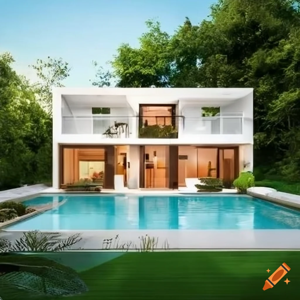modern white duplex with lush vegetation and pool