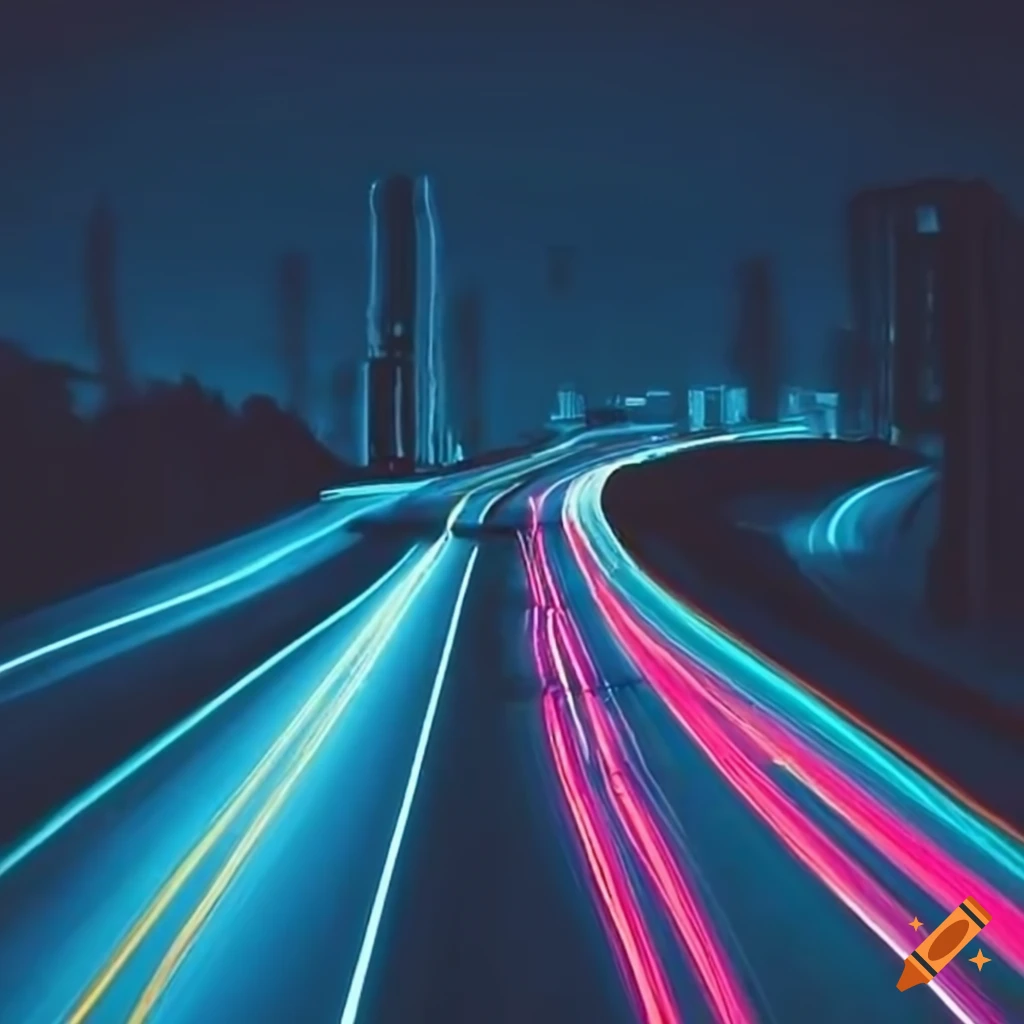 nighttime driving on a neon-lit highway