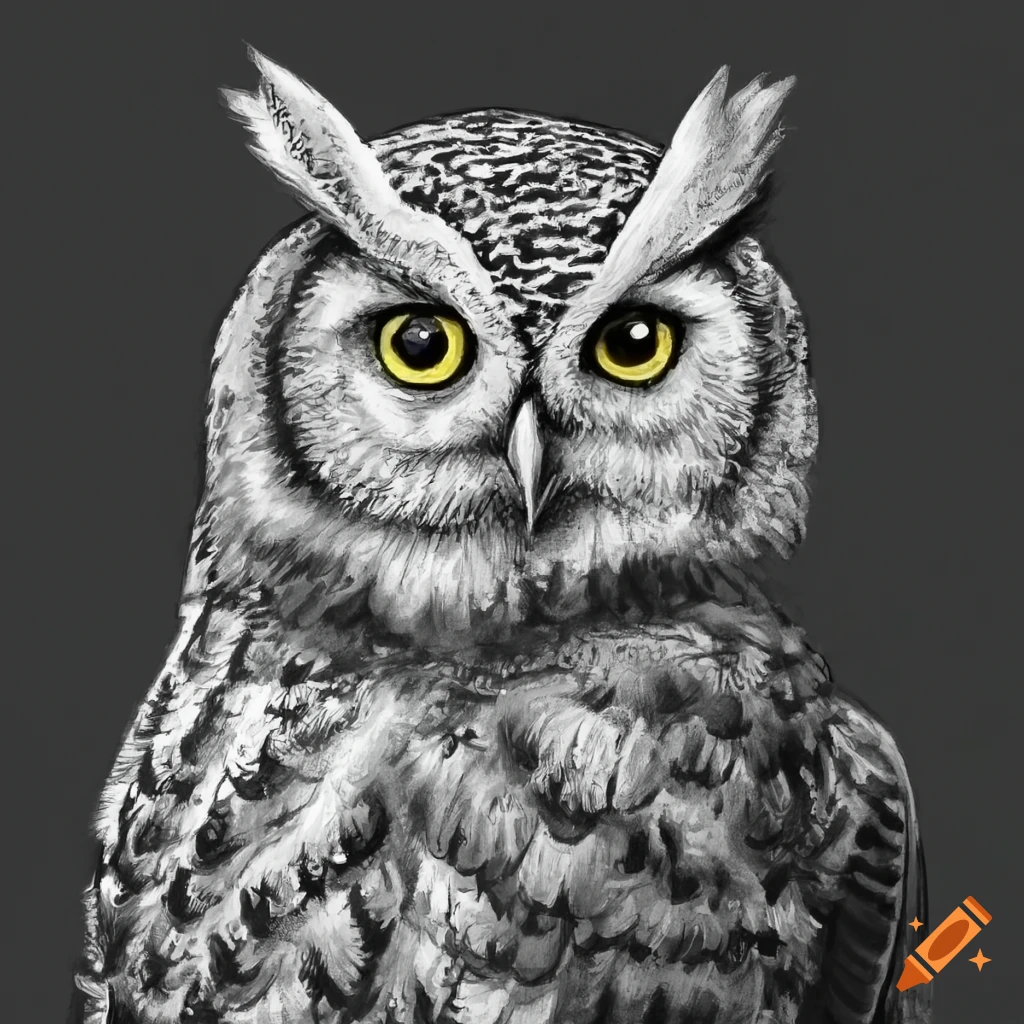 black and white pencil art of an owl on a branch
