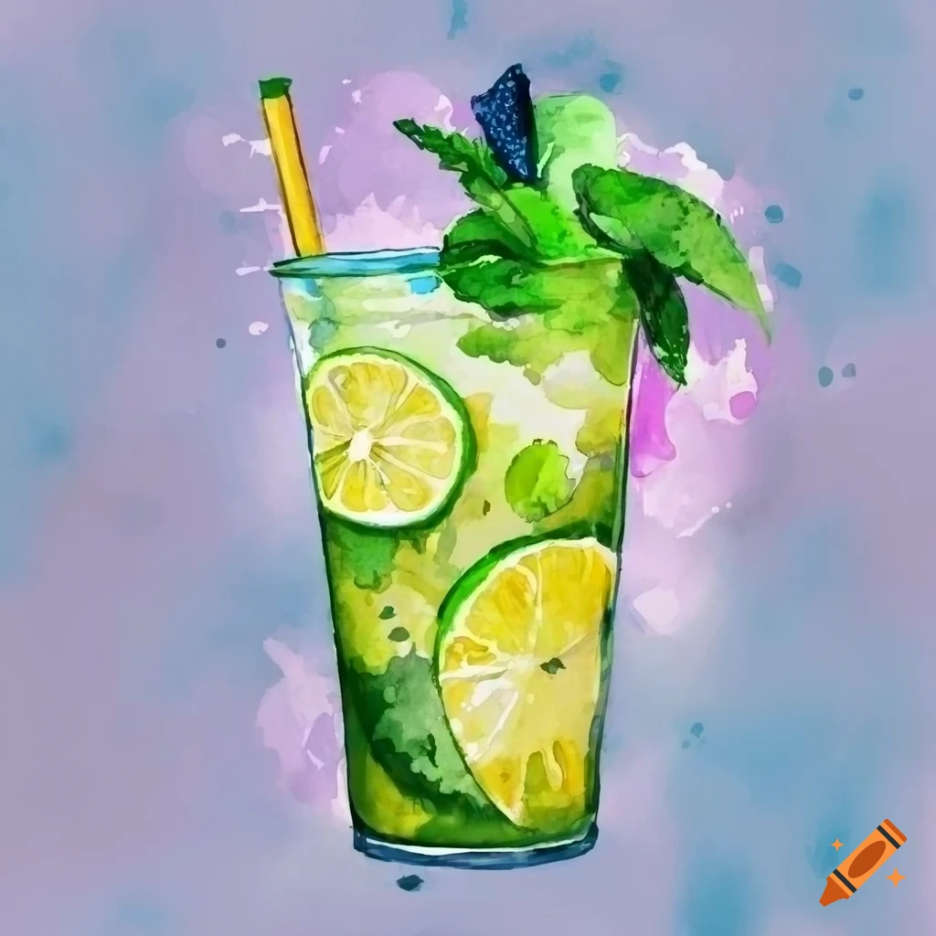 watercolor illustration of a mojito cocktail