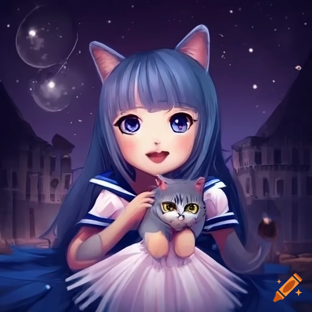 illustration of a cute cat girl with long hair