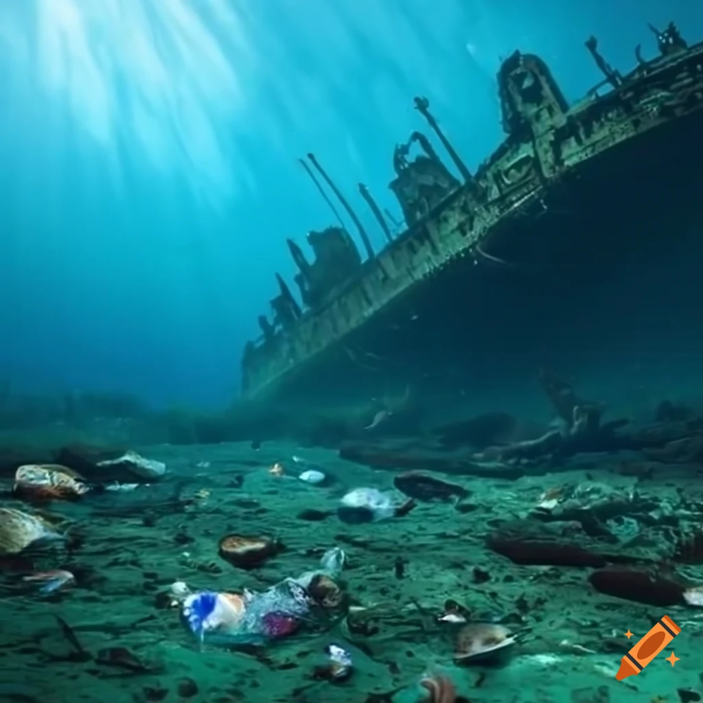 underwater shipwreck surrounded by garbage