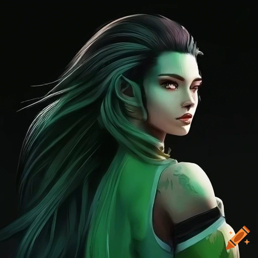 character design of a ranger with black hair and light green highlights