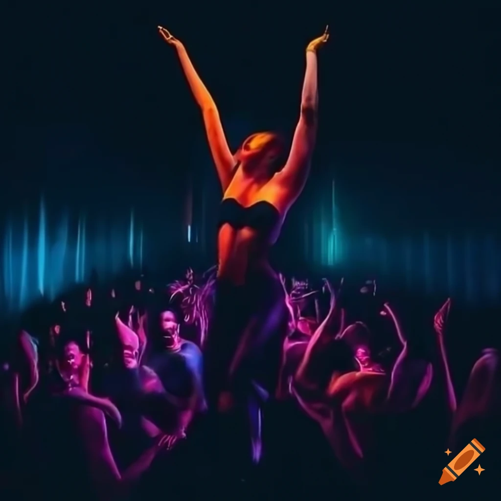 vibrant dancers in a futuristic underground rave