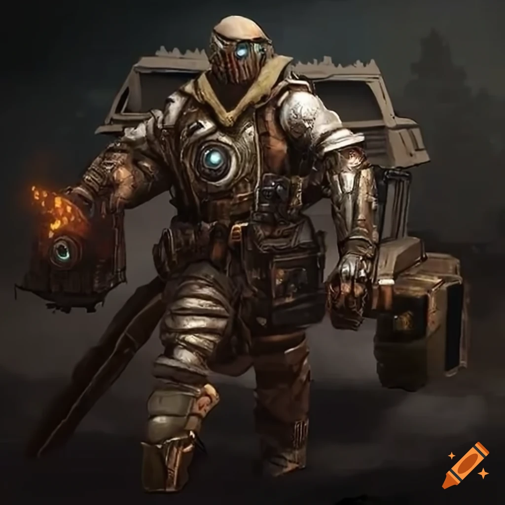 scavenger cyborg warrior next to a hovertruck