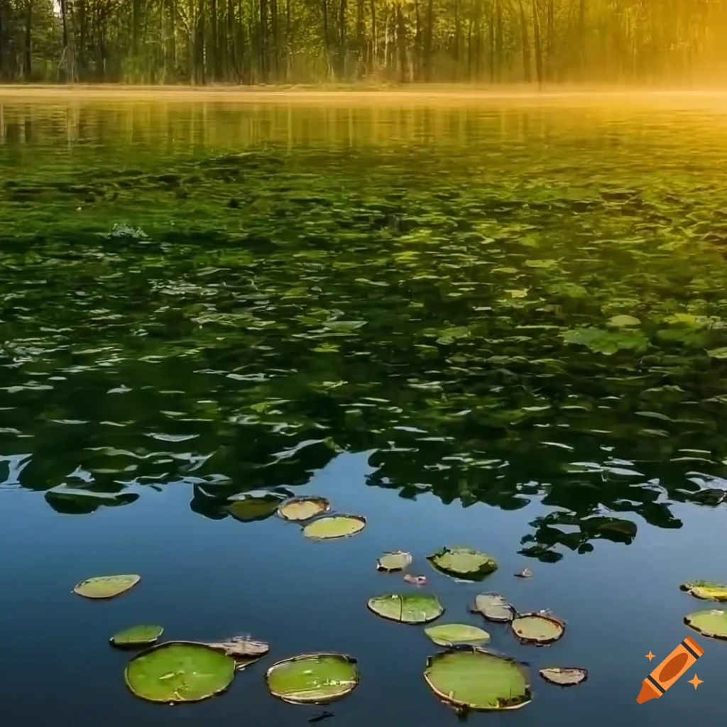 photorealistic pond in a serene glade at sunset