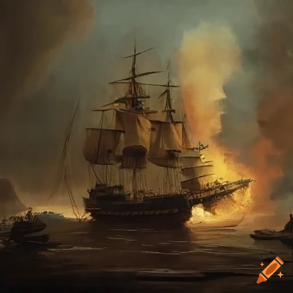 painting of a naval battle with firing cannons