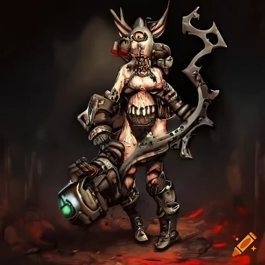 art of a tribal cyborg warrior with a skull-mark dagger