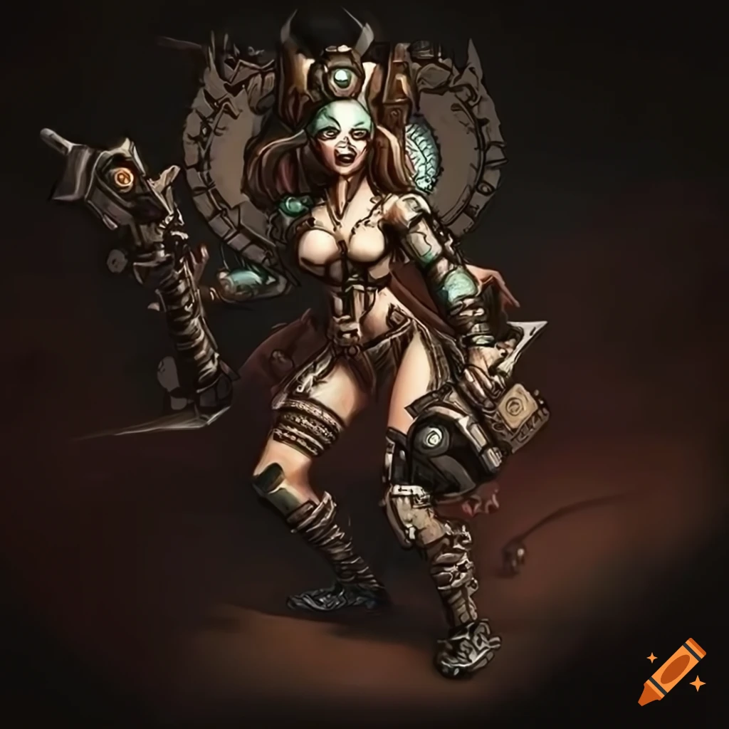 art of a tribal cyborg warrior with a skull-mark dagger