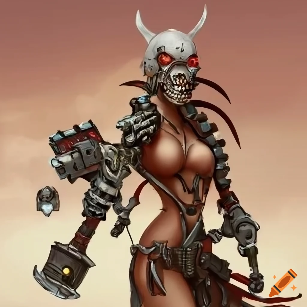 image of a tribal cyborg warrior with a skull-mark dagger next to a hoverjeep