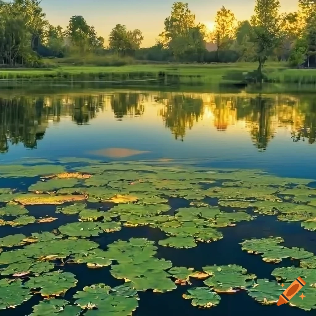 photorealistic pond in a serene glade at sunset
