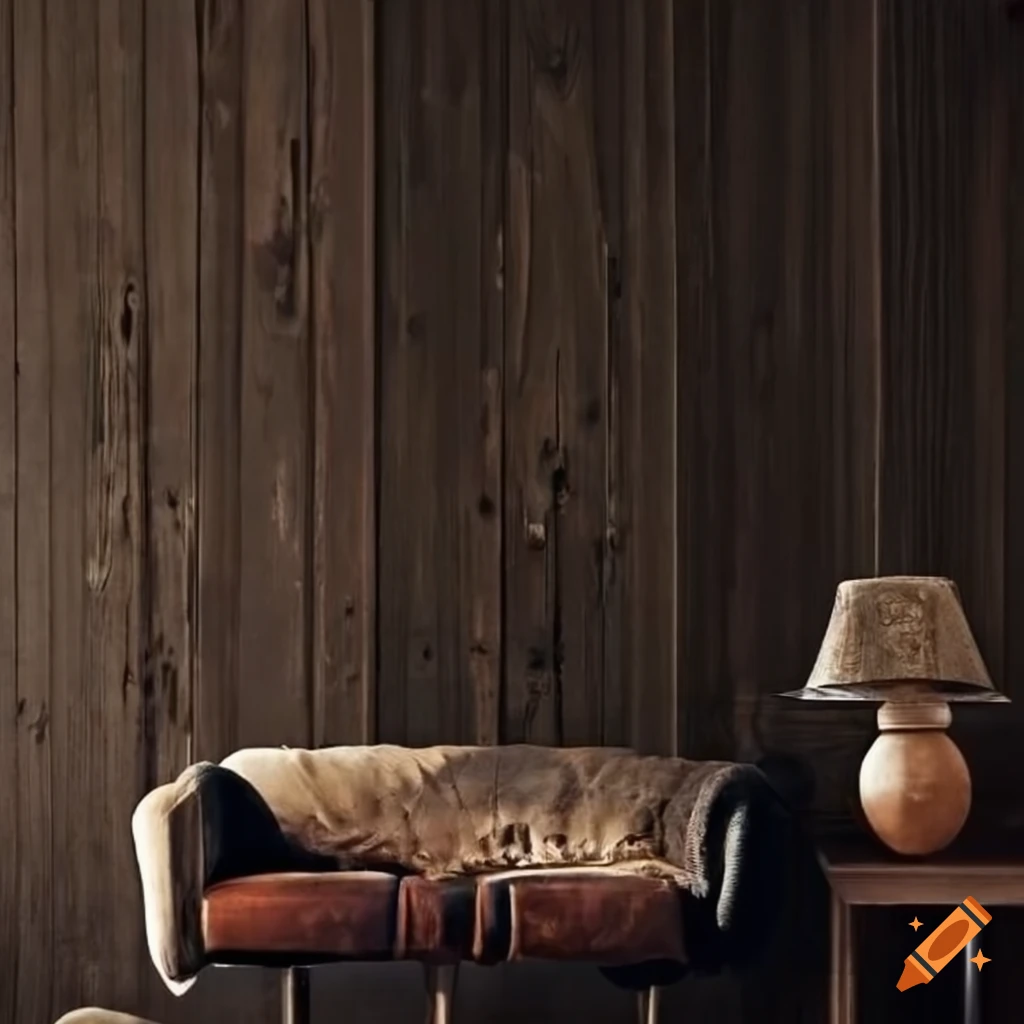 dark and decaying living room with wooden walls