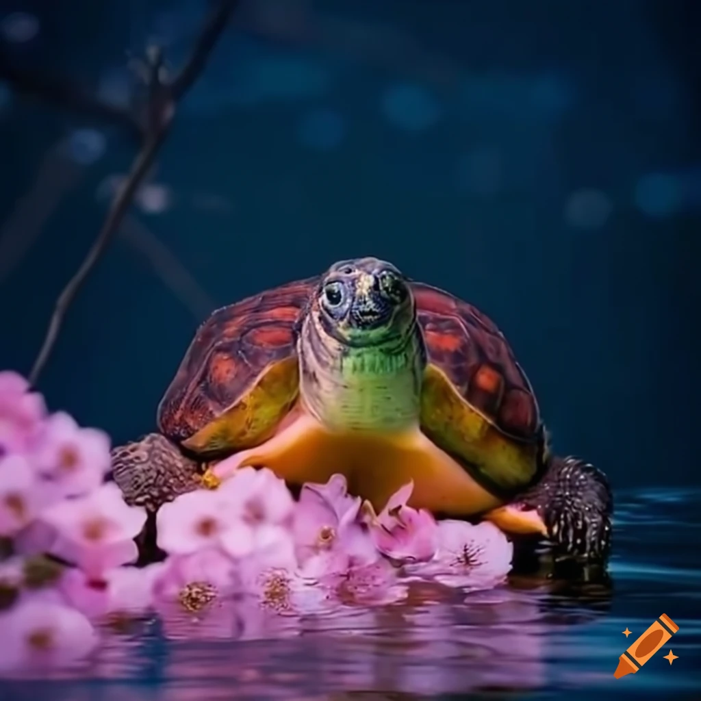 turtle swimming among cherry blossoms
