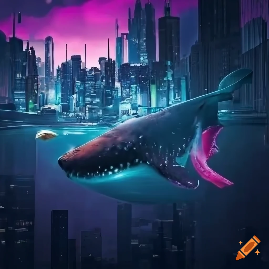 vibrant cyberpunk cityscape with a flying whale and fish