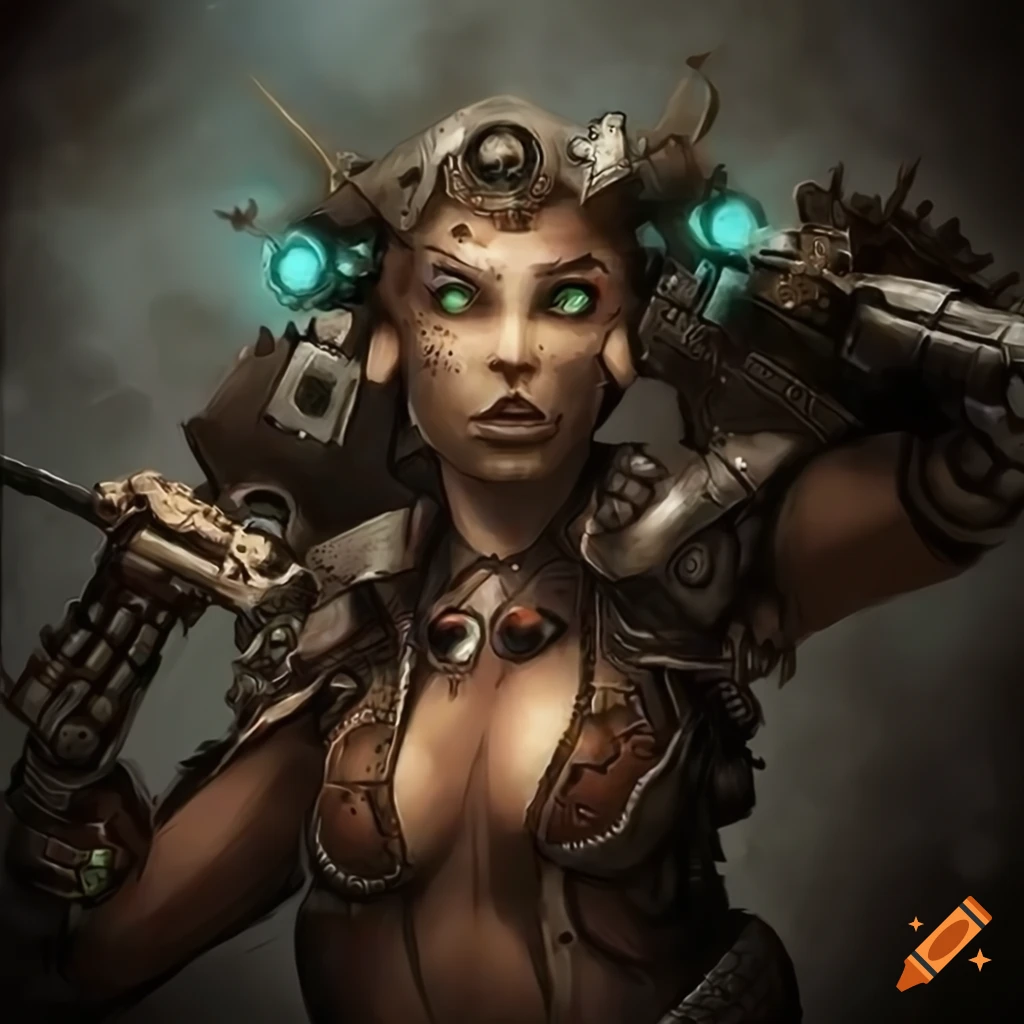 image of a tribal cyborg warrior with a skull-mark dagger next to a hoverjeep