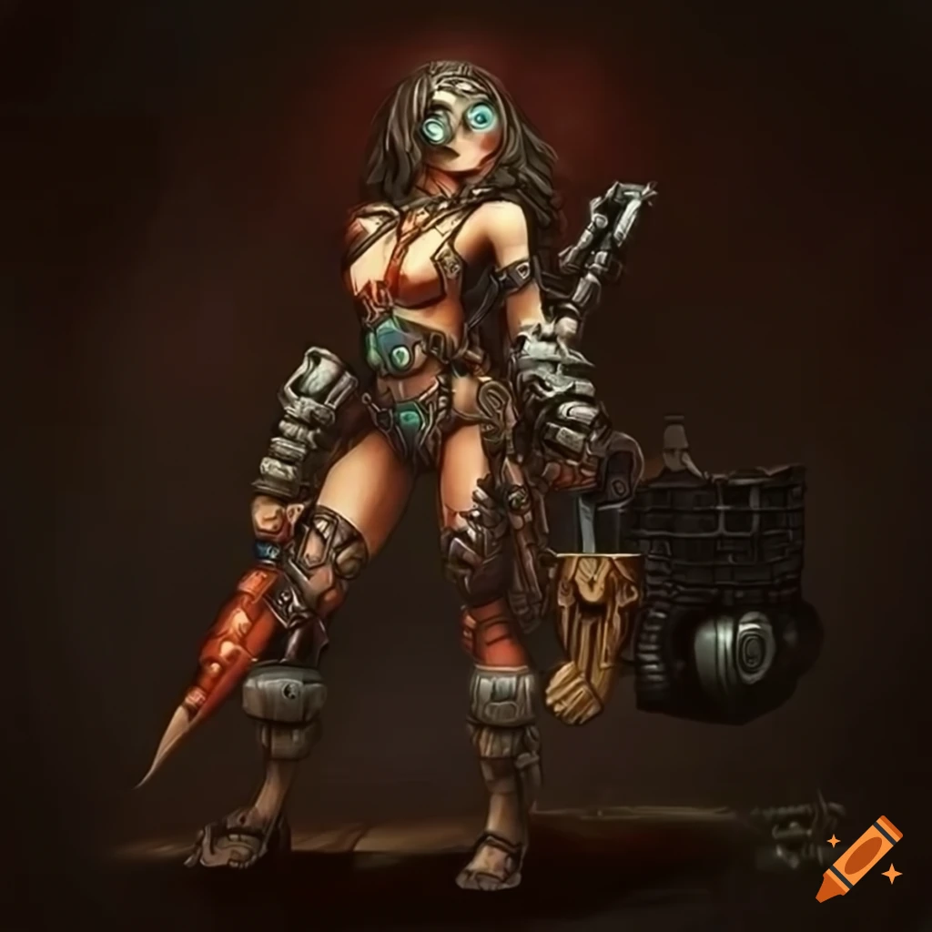 image of a tribal cyborg warrior with a skull-mark dagger next to a hoverjeep