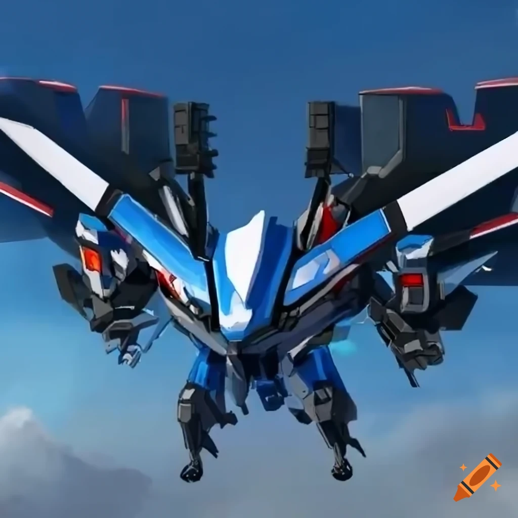 blue and white mecha drone with wings in anime art style