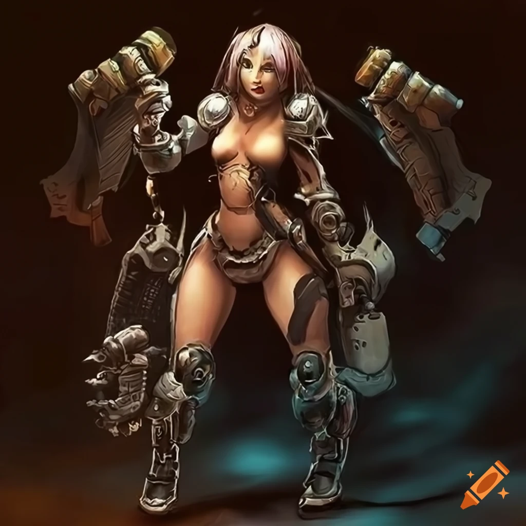 art of a tribal cyborg warrior with a skull-mark dagger