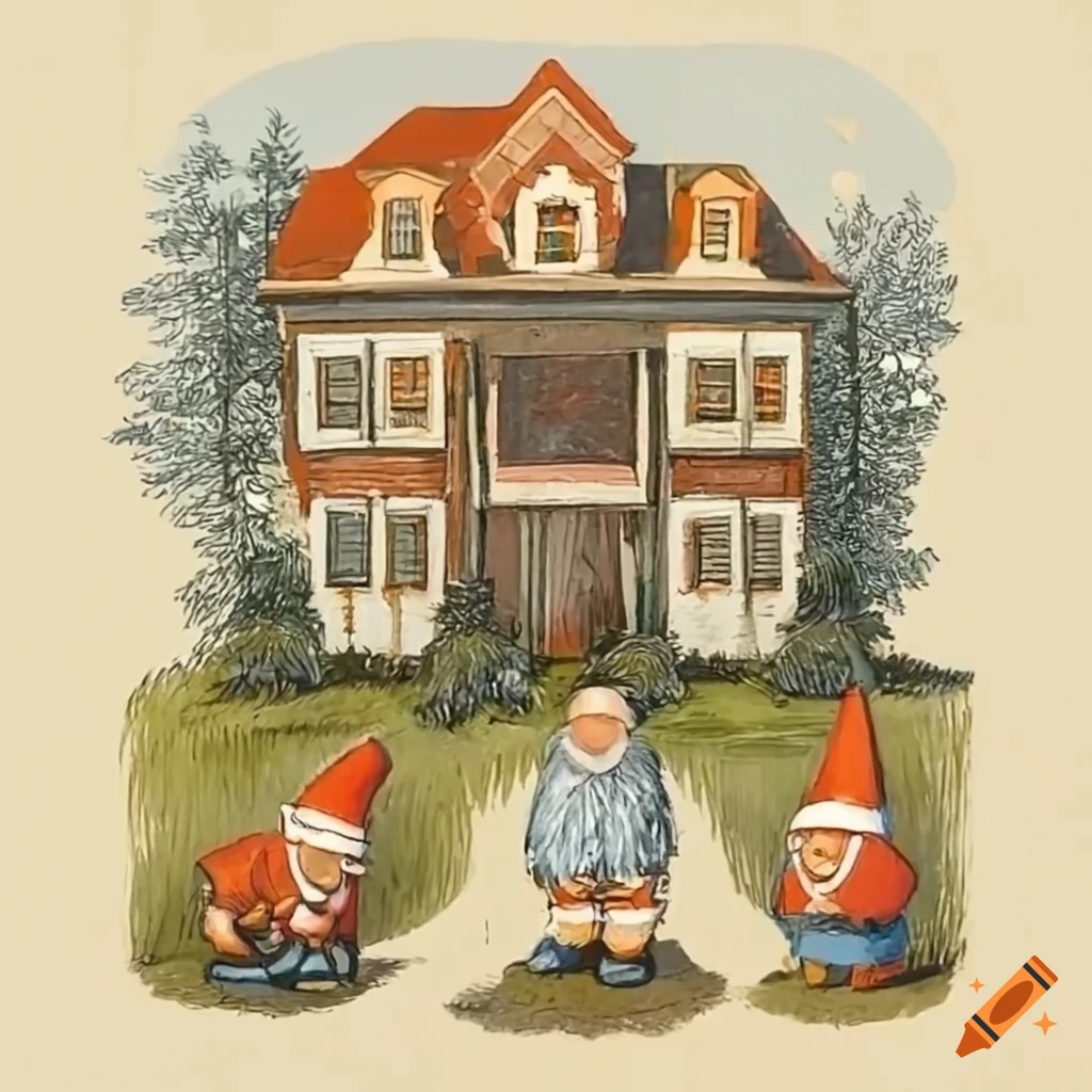 image of three gnomes in front of a house