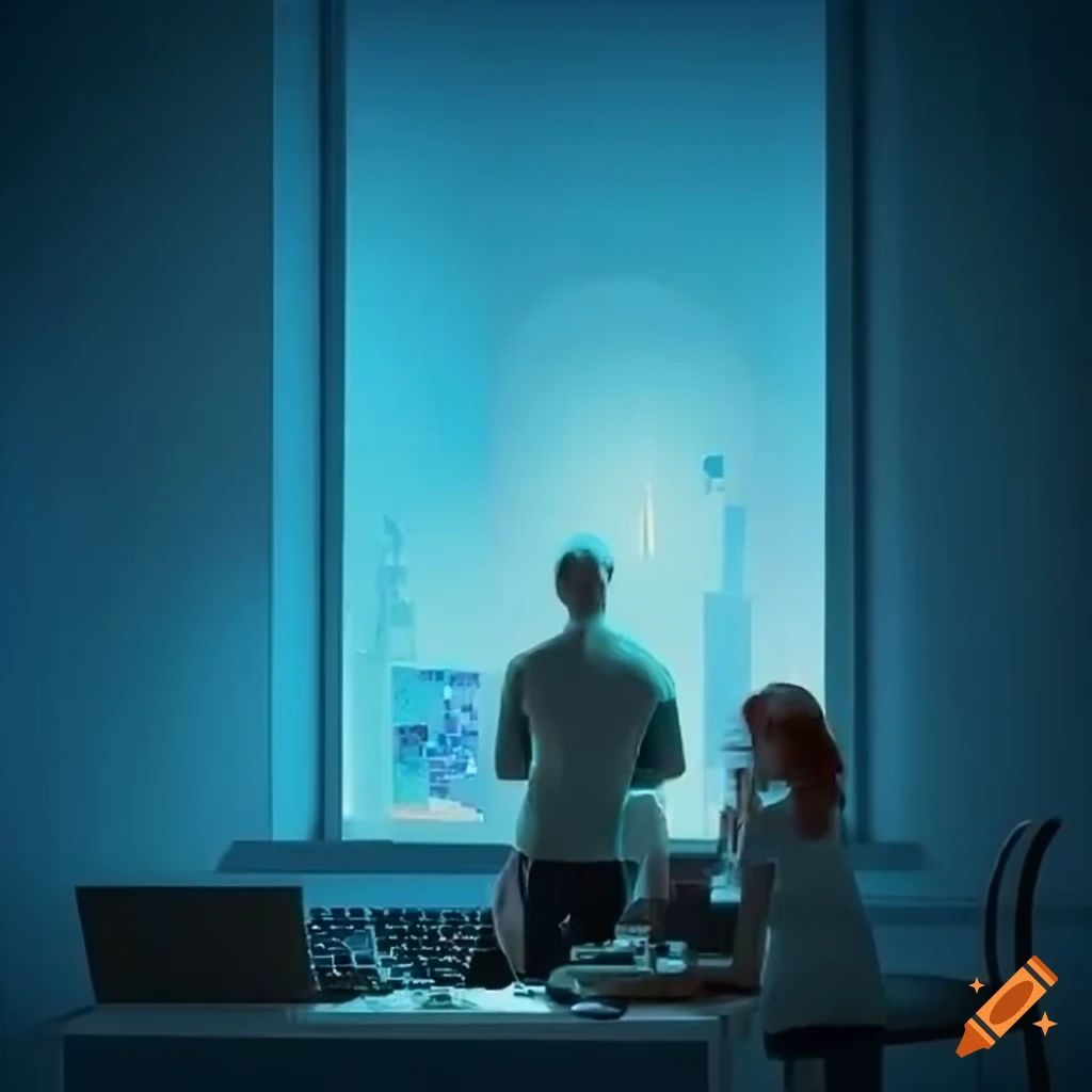 computer scientists working in a vibrant and colorful office