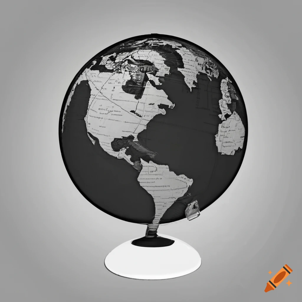 black and white globe with red details and people in suits