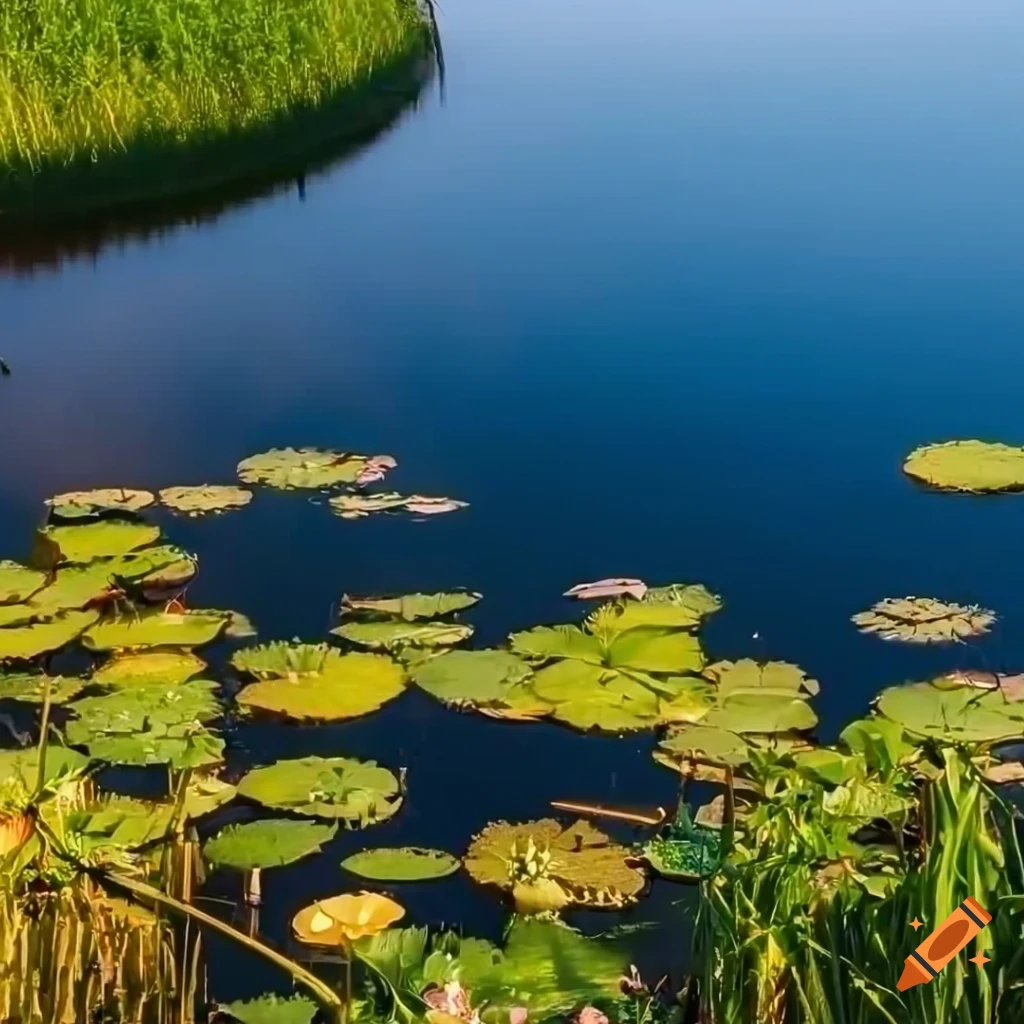 photorealistic pond in a serene glade at sunset