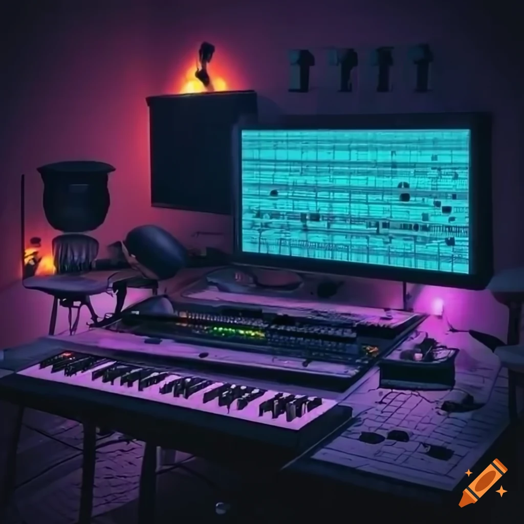 synthwave music studio with analog mixers