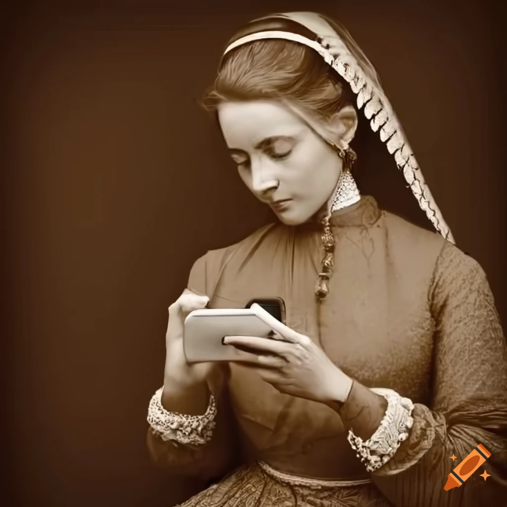Victorian lady using a smartphone in a sepia image