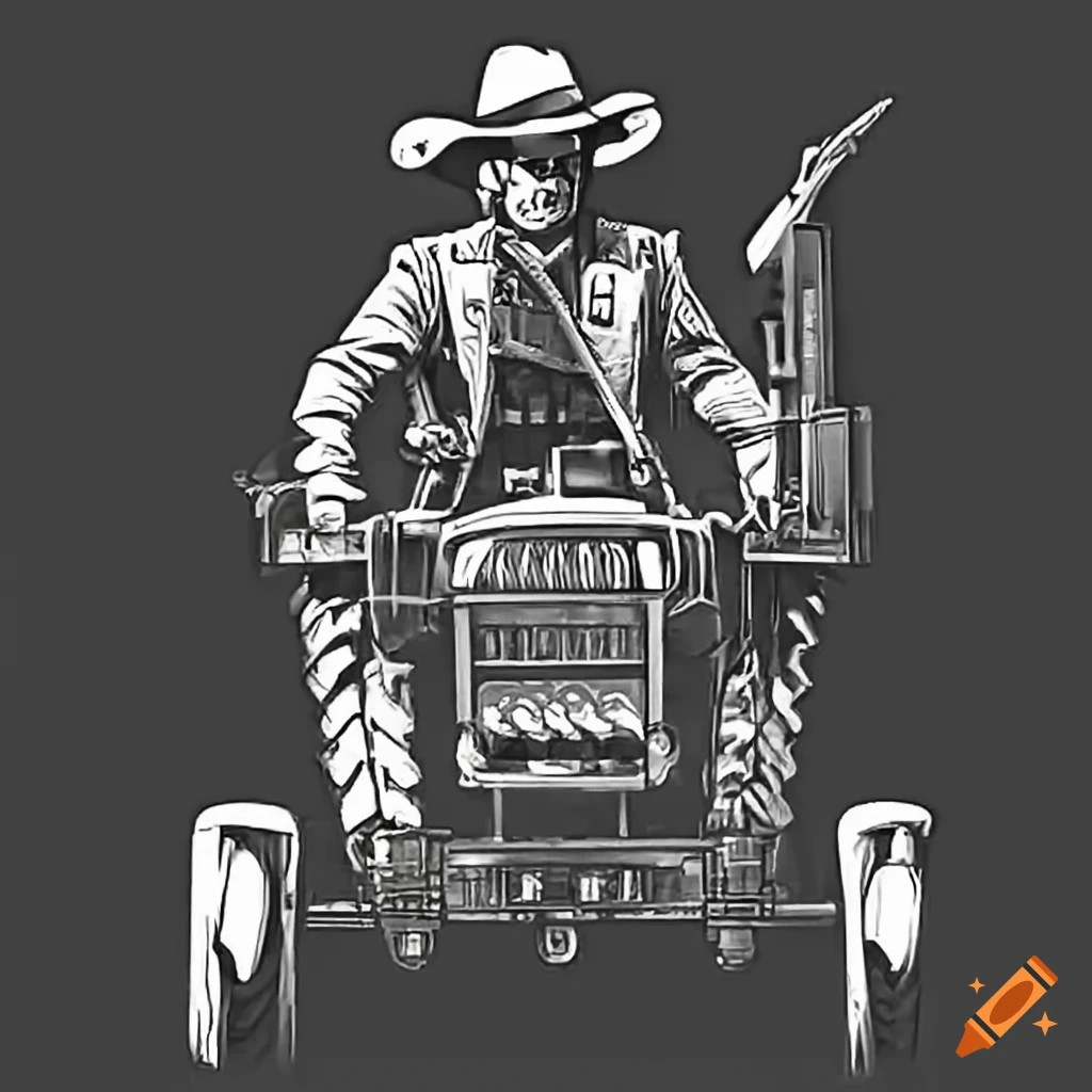 far west sheriff riding a tractor