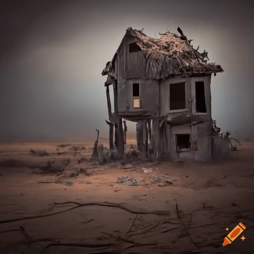 image of ruined houses in a wasteland with children playing