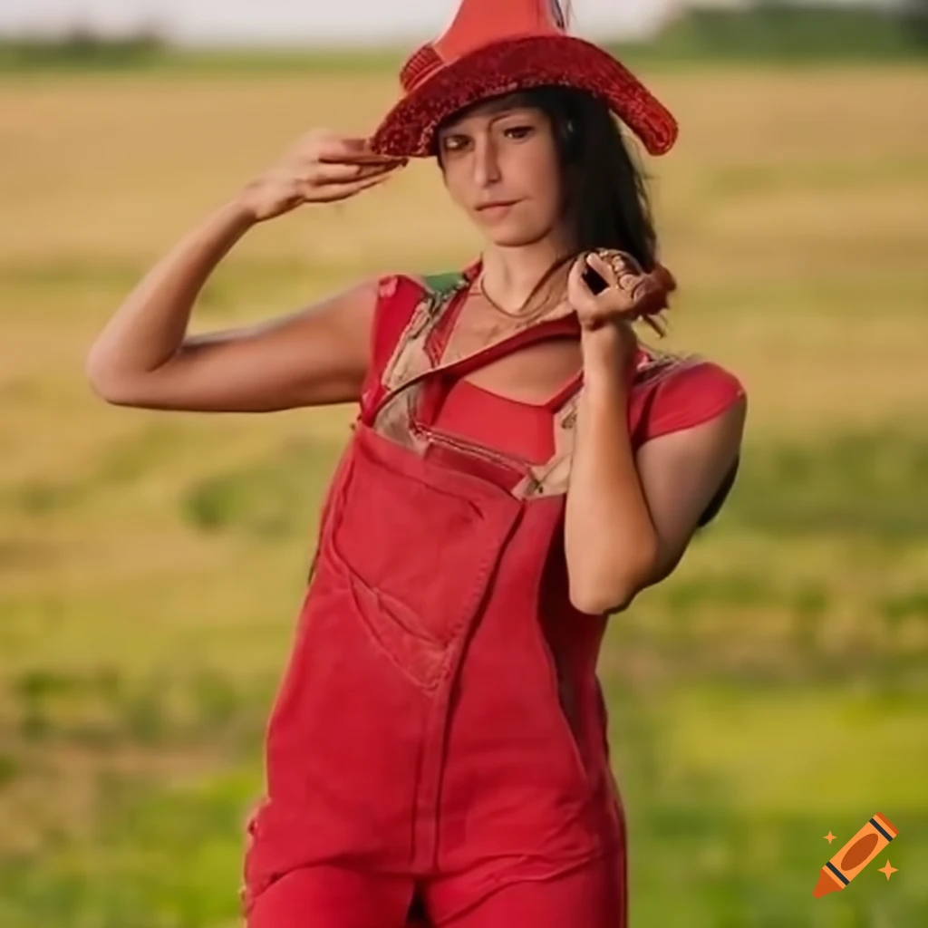 picture of a woman wearing red dungarees on a farm