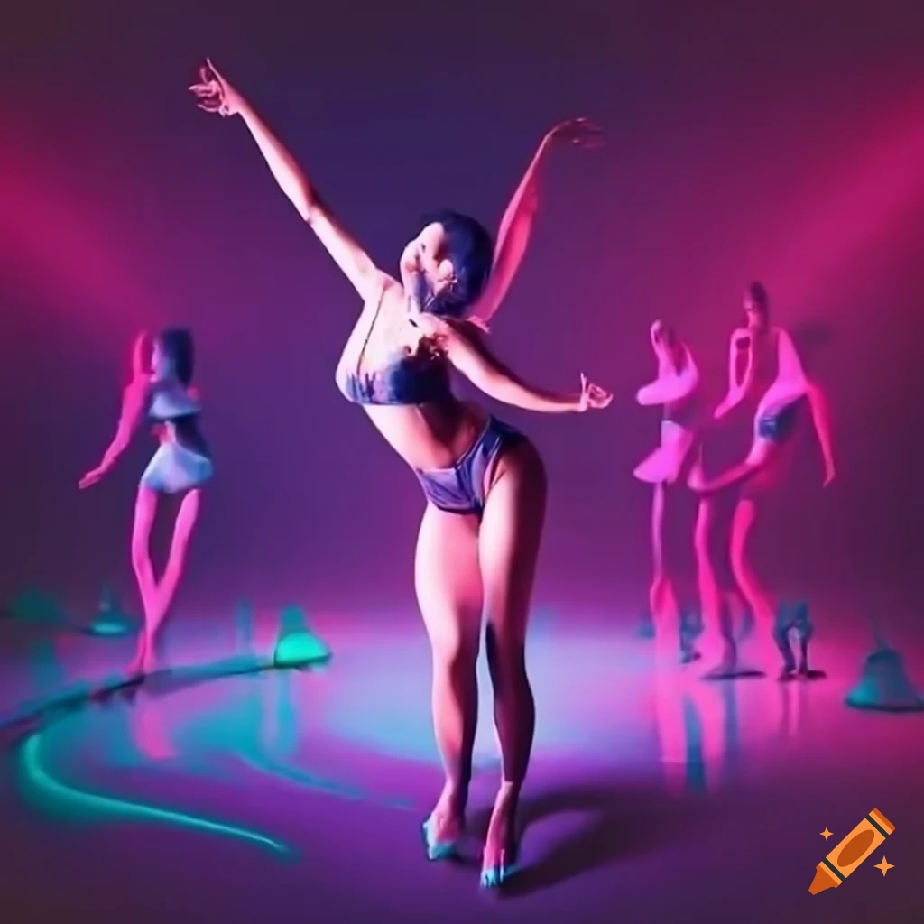 photo of dynamic dancers in a futuristic nightclub
