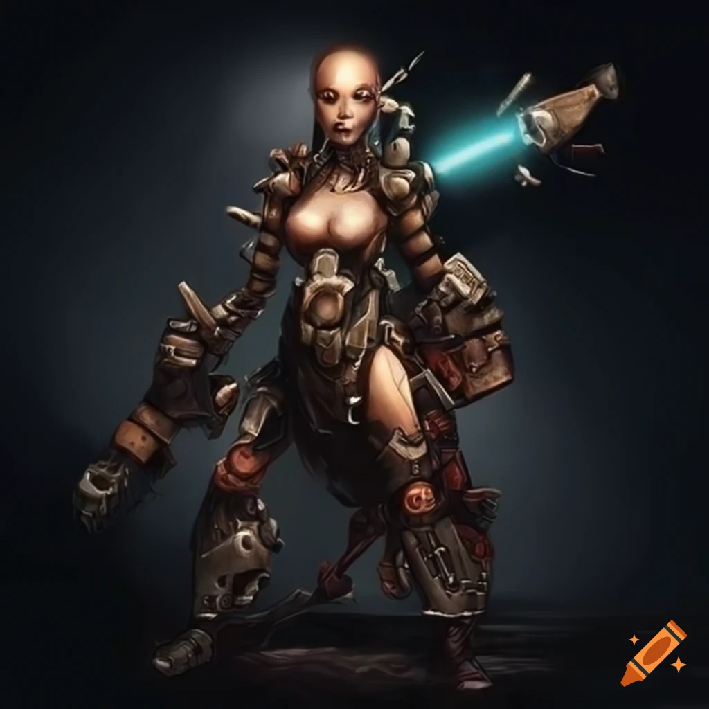 art of a tribal cyborg warrior with a skull-mark dagger