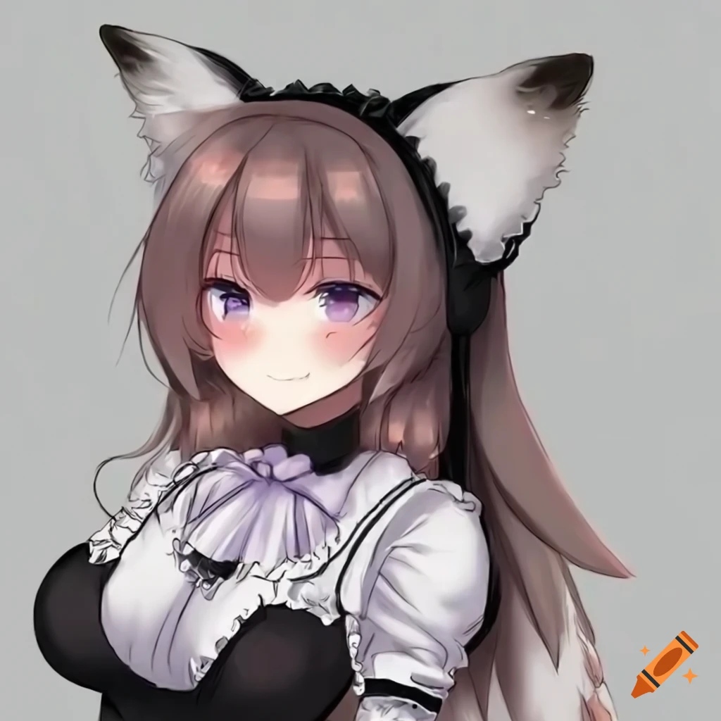 black and white portrait of an anime fox girl maid with big ears and fluffy tail