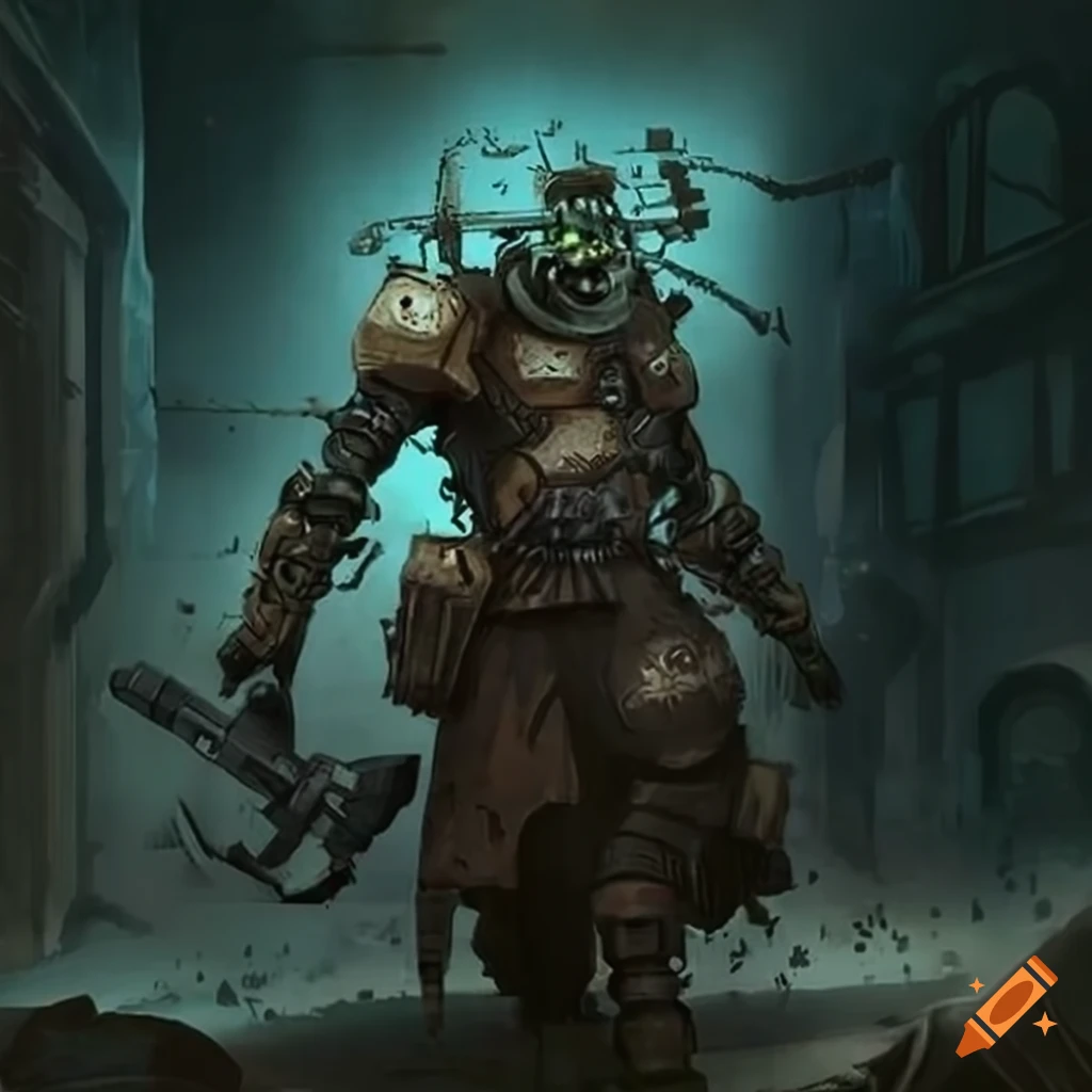 image of a dieselpunk cyborg warrior and a hoverjeep